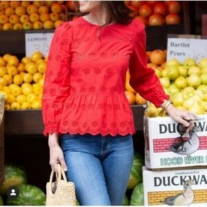 Madewell eyelet keyhole peplum top red cotton scalloped size XS
